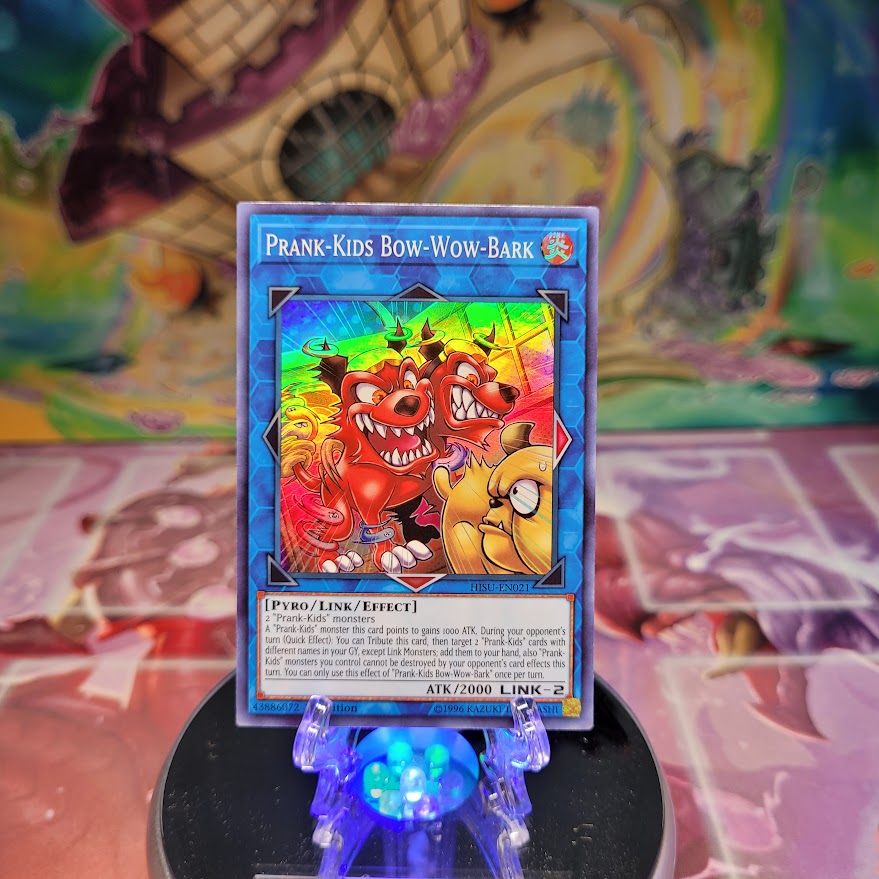 A Super Rare "Prank-Kids Bow-Wow-Bark" card from the Yugioh Set: Hidden Summoners.