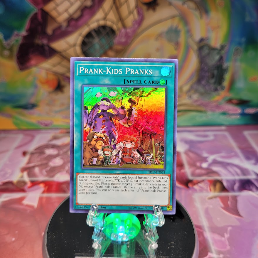 A Super Rare "Prank-Kids Pranks" card from the Yugioh Set: Hidden Summoners.