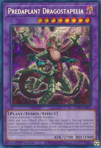 A Secret Rare "Predaplant Dragostapelia" card from the Yugioh Set: Rarity Collection 1 (RA01).