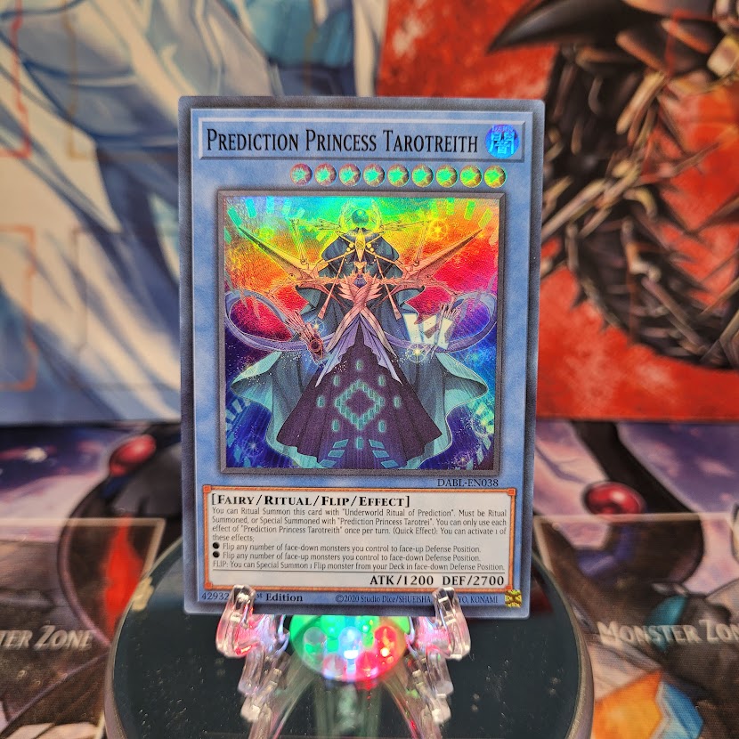 A Super Rare "Prediction Princess Tarotreith" card from the Yugioh Set: Darkwing Blast.