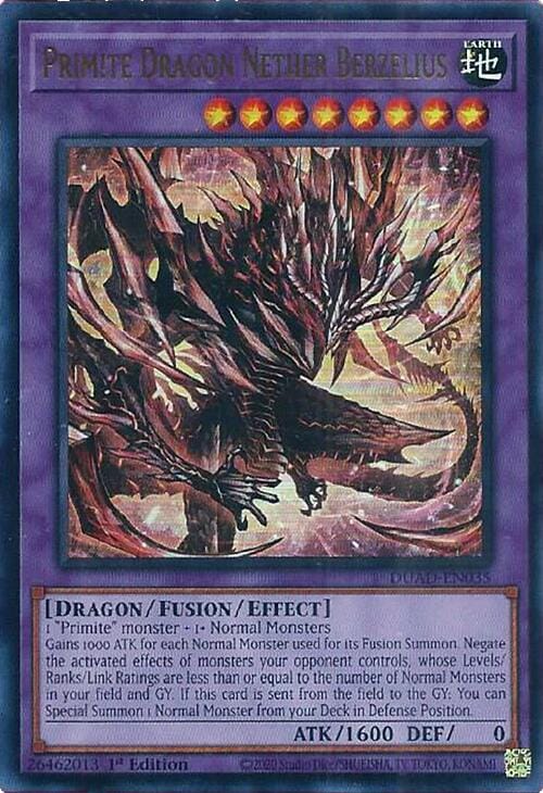 An Ultra Rare "Primite Dragon Nether Berzelius" card from the Yugioh Set: Duelist's Advance (DUAD).