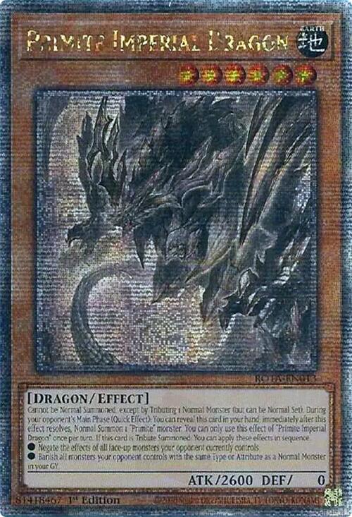 A Quarter Century Secret Rare "Primite Imperial Dragon" card from the Yugioh Set: Rage of the Abyss (ROTA).
