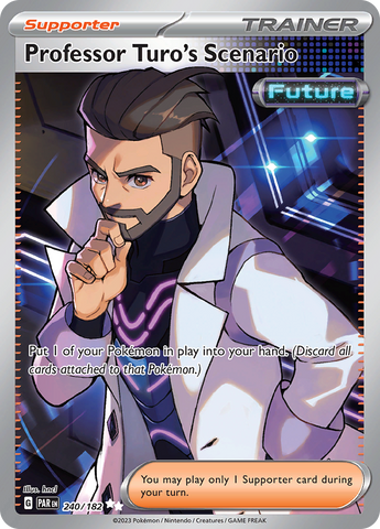 An Ultra Rare "Professor Turo's Scenario" (240/182) card from the Pokemon Set: Paradox Rift.