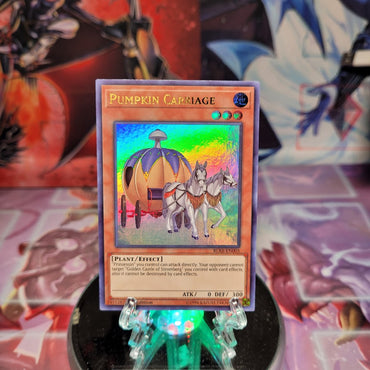 An Ultra Rare "Pumpkin Carriage" card from the Yugioh Set: Battles of Legend: Relentless Revenge.