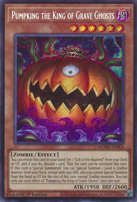 A Secret Rare "Pumpking the King of Grave Ghosts" card from the Yugioh Set: Maze of Muertos (MZMU).