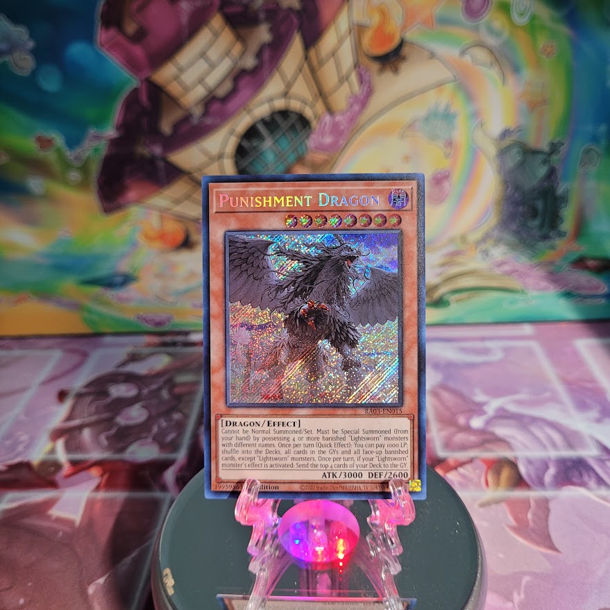  A Secret Rare "Punishment Dragon" card from the Yugioh Set: Quarter Century Bonanza (RA03).