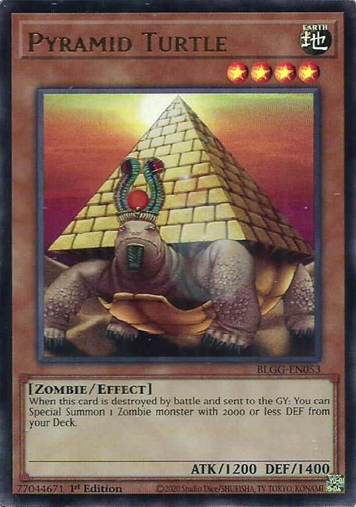 An Ultra Rare "Pyramid Turtle" card from the Yugioh Set: Battles of Legend: Glorious Gallery (BLGG).