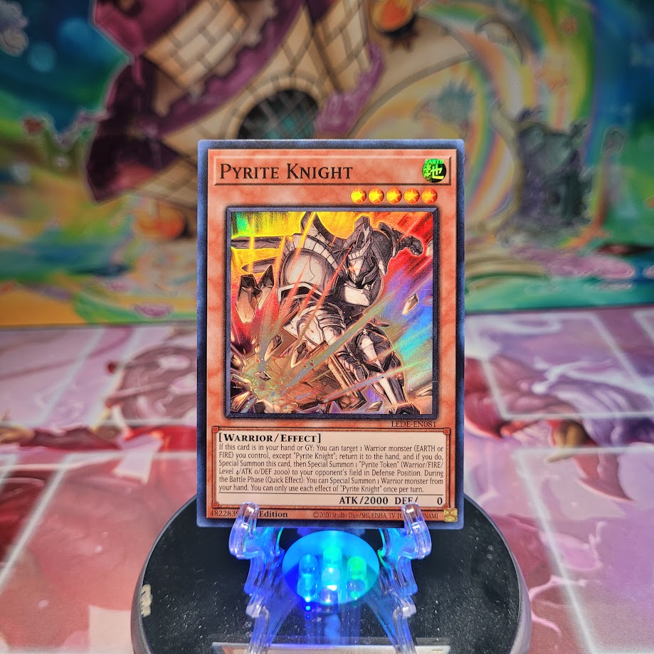 A Super Rare "Pyrite Knight" card from the Yugioh Set: Legacy of Destruction.