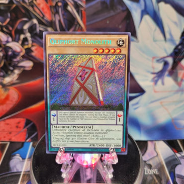 A Secret Rare "Qliphort Monolith" card from the Yugioh Set: Secrets of Eternity.