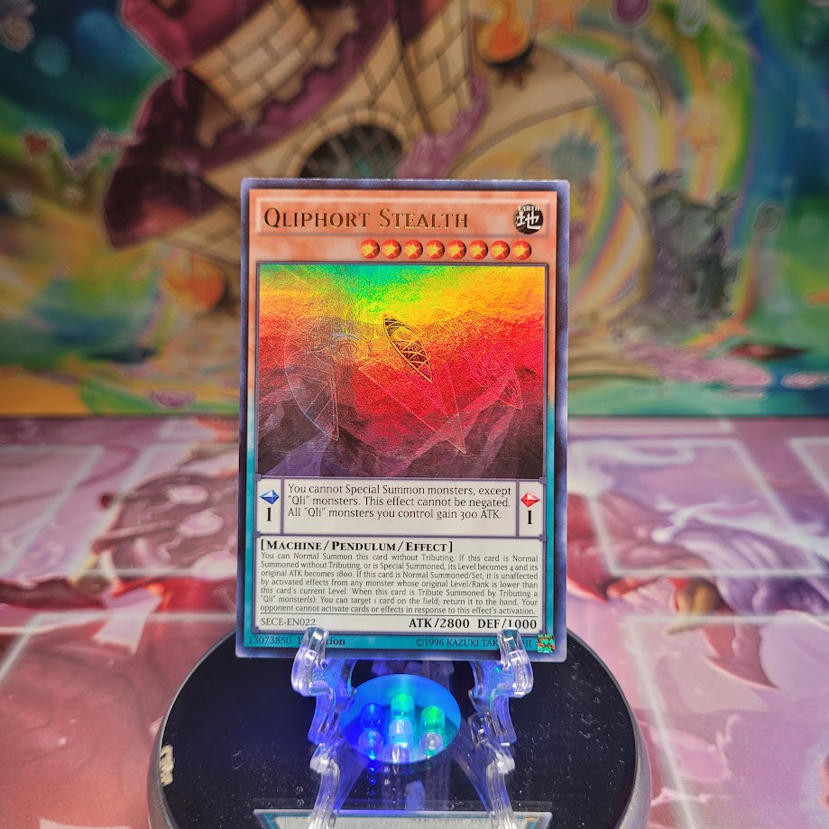 An Ultra Rare "Qliphort Stealth" card from the Yugioh Set: Secrets of Eternity.