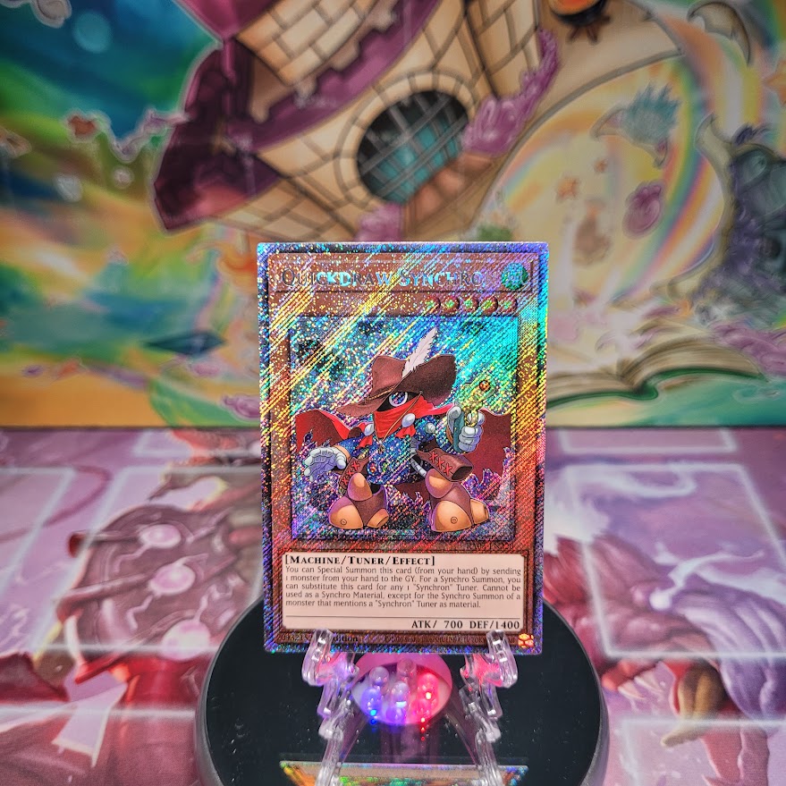 A Platinum Secret Rare "Quickdraw Synchron" card from the Yugioh Set: Quarter Century Bonanza (RA03)