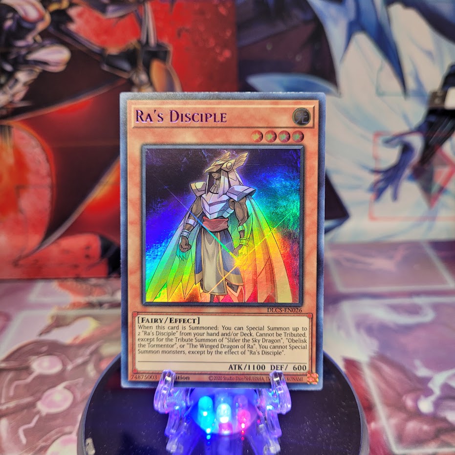 An Ultra Rare Purple "Ra's Disciple" card from the Yugioh Set: Dragons of Legend: The Complete Series (DLCS).