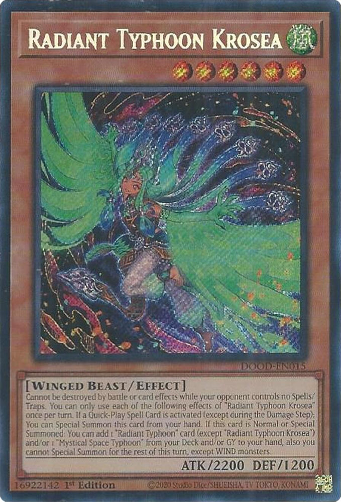 A Secret Rare "Radiant Typhoon Krosea" card from the Yugioh Set: Doom of Dimensions (DOOD).