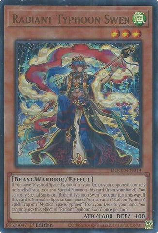 An Ultra Rare "Radiant Typhoon Swen" card from the Yugioh Set: Doom of Dimensions (DOOD).