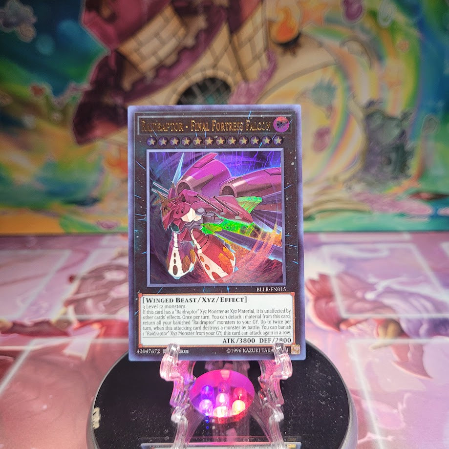 An Ultra Rare "Raidraptor - Final Fortress Falcon" card from the Yugioh Set: Battles of Legend: Light's Revenge.