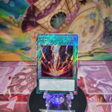 A Platinum Secret Rare "Raigeki" card from the Yugioh Set: Quarter Century Bonanza (RA03)