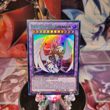 An Ultra Rare Green "Rainbow Overdragon" card from the Yugioh Set: Legendary Duelists: Season 1.