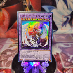 An Ultra Rare Purple "Rainbow Overdragon" card from the Yugioh Set: Legendary Duelists: Season 1.