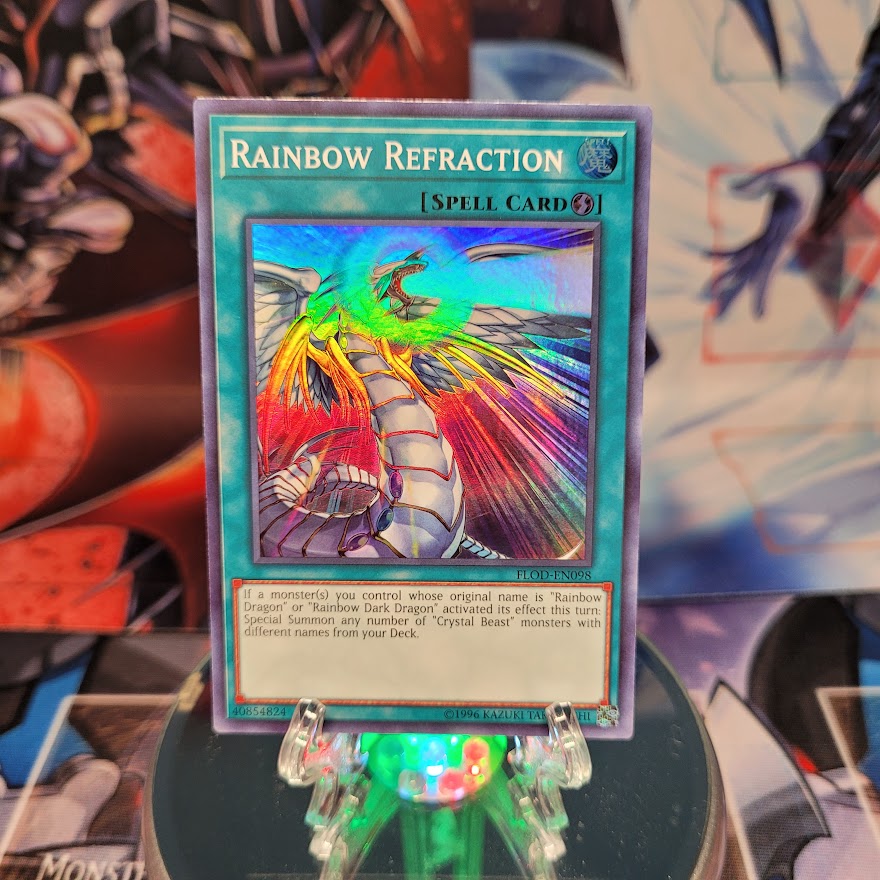 A Super Rare "Rainbow Refraction" card from the Yugioh Set: Flames of Destruction.