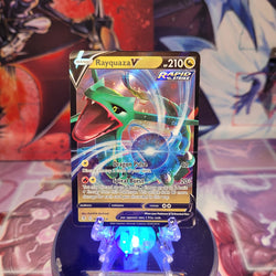 An Ultra Rare "Rayquaza V" (110/203) card from the Pokemon Set: Evolving Skies.