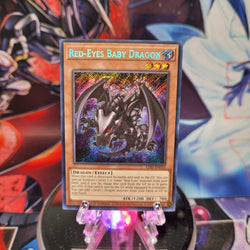 A Secret Rare "Red-Eyes Baby Dragon" card from the Yugioh Set: Legendary Duelists: Season 1 (LDS1).