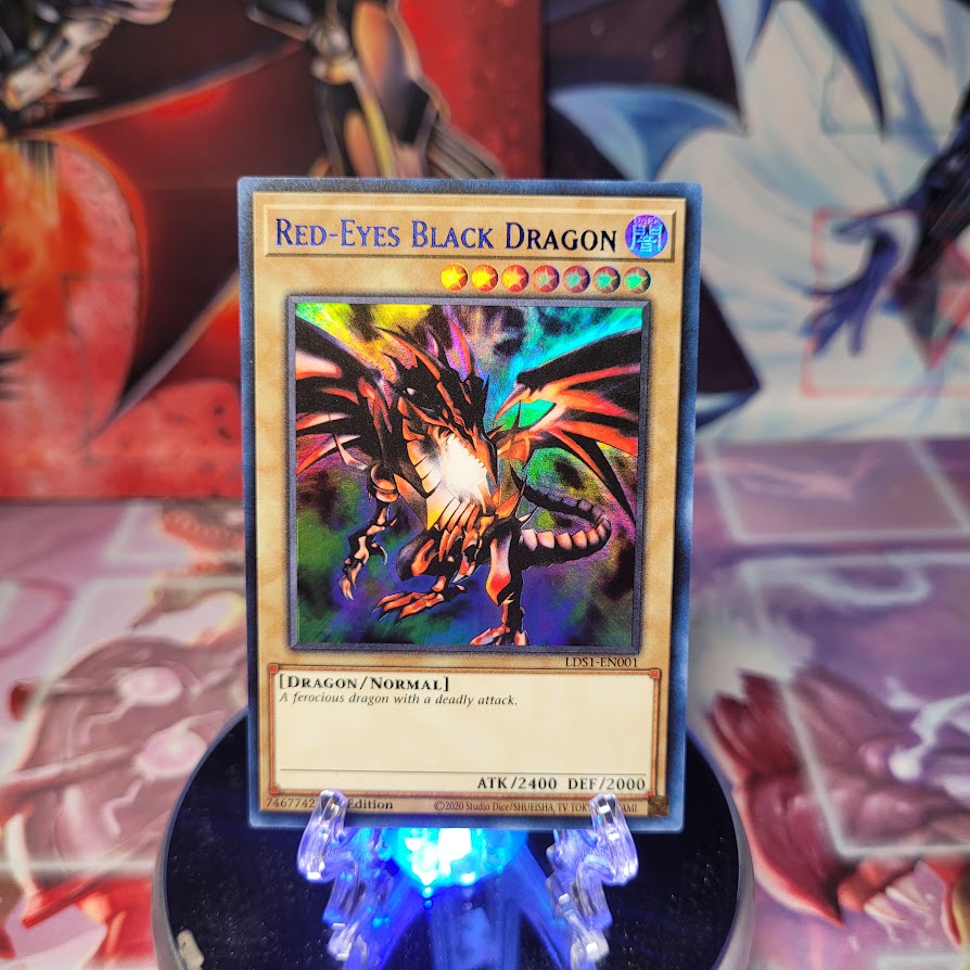 An Ultra Rare Blue "Red-Eyes Black Dragon" card from the Yugioh Set: Legendary Duelists: Season 1 (LDS1).