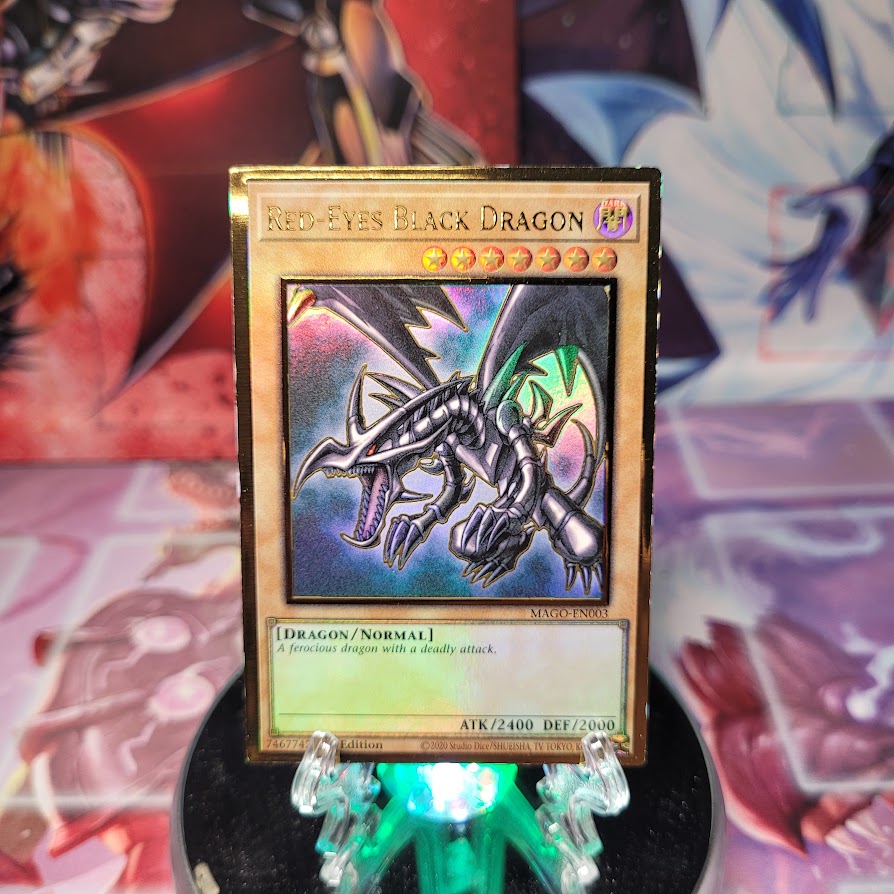 A Gold Rare "Red-Eyes Black Dragon" card from the Yugioh Set: Maximum Gold.