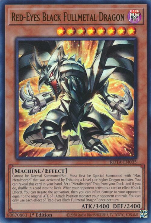 An Ultra Rare "Red-Eyes Black Fullmetal Dragon" card from the Yugioh Set: Rage of the Abyss (ROTA).