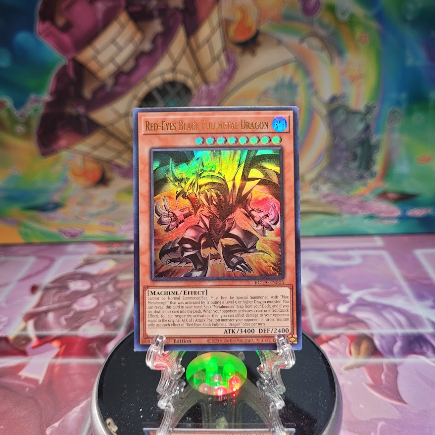 An Ultra Rare "Red-Eyes Black Fullmetal Dragon" card from the Yugioh Set: Rage of the Abyss (ROTA).