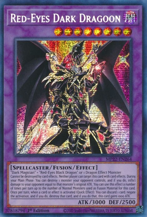 A Prismatic Secret Rare "Red-Eyes Dark Dragoon" card from the Yugioh 2022 Tin of the Pharaoh's Gods set (MP22).