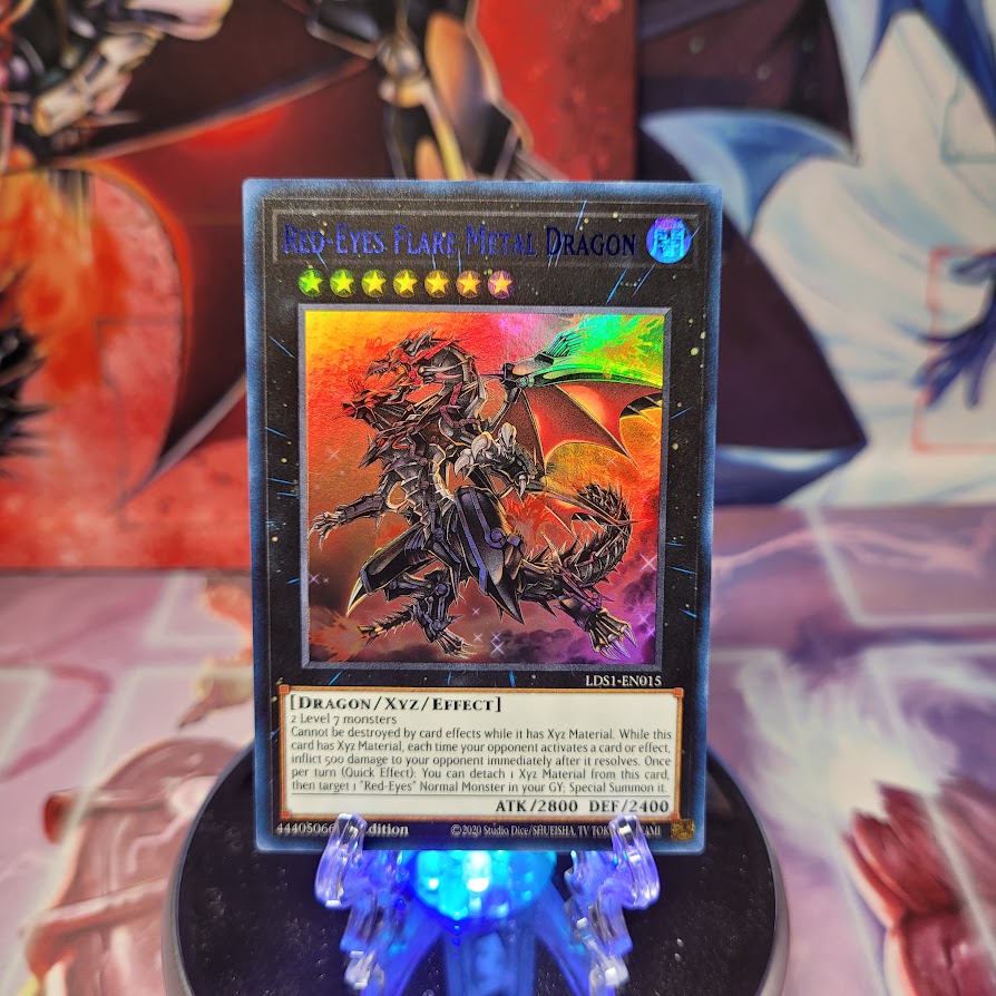 An Ultra Rare Blue "Red-Eyes Flare Metal Dragon" card from the Yugioh Set: Legendary Duelists: Season 1 (LDS1).