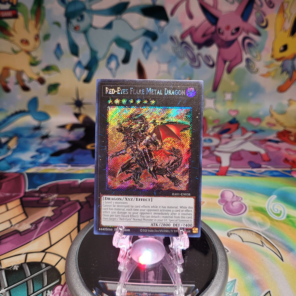 A Secret Rare "Red-Eyes Flare Metal Dragon" card from the Yugioh Set: Rarity Collection 1 (RA01).