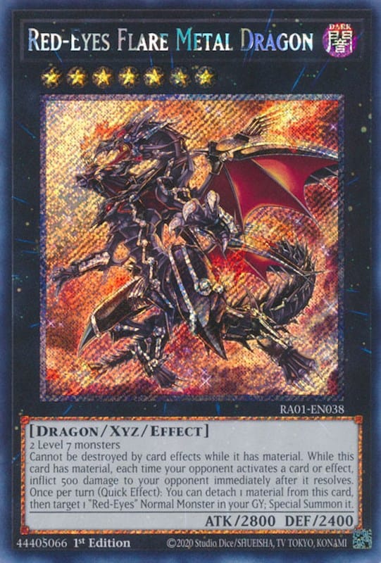A Secret Rare "Red-Eyes Flare Metal Dragon" card from the Yugioh Set: Rarity Collection 1 (RA01).