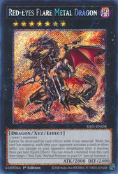 A Secret Rare "Red-Eyes Flare Metal Dragon" card from the Yugioh Set: Rarity Collection 1 (RA01).
