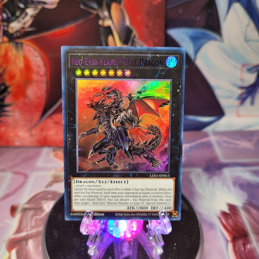 An Ultra Rare Purple "Red-Eyes Flare Metal Dragon" card from the Yugioh Set: Legendary Duelists: Season 1 (LDS1).