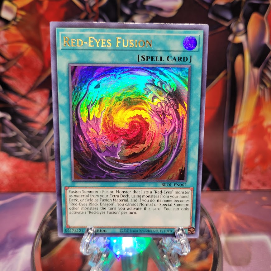 An Ultra Rare "Red-Eyes Fusion" card from the Yugioh Set: Brothers of Legend.