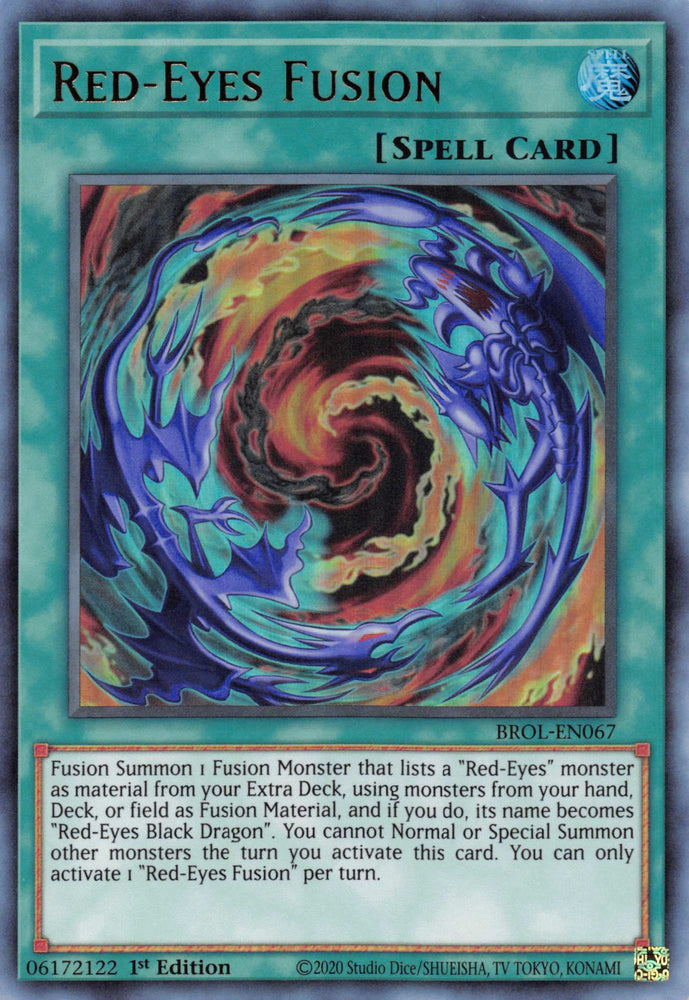 An Ultra Rare "Red-Eyes Fusion" card from the Yugioh Set: Brothers of Legend (BROL).