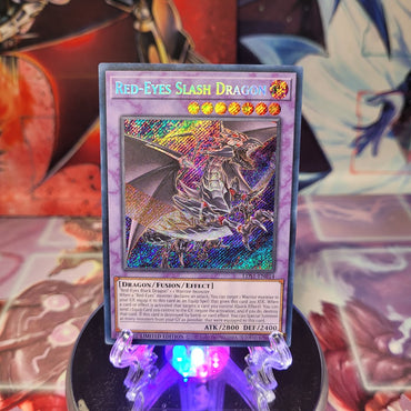 A Secret Rare "Red-Eyes Slash Dragon" card from the Yugioh Set: Legendary Duelists: Season 1 (LDS1).