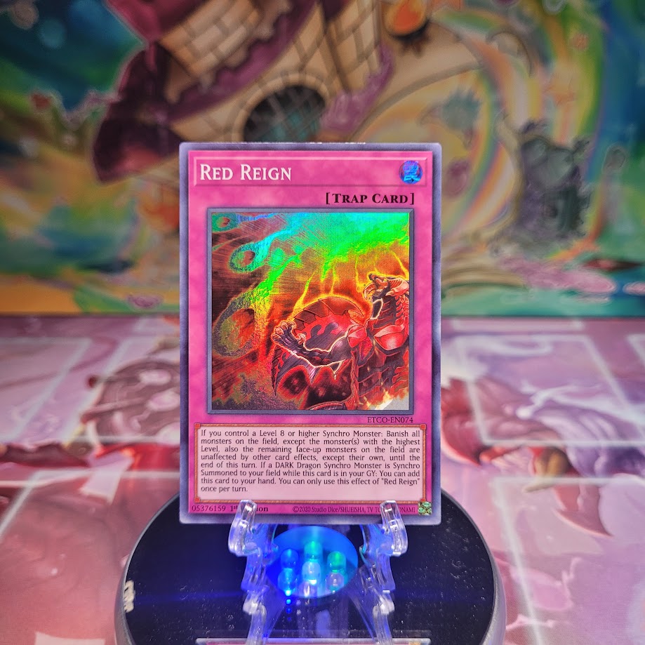 A Super Rare "Red Reign" card from the Yugioh Set: Eternity Code.