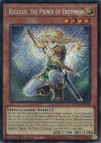 A Secret Rare "Regulus, the Prince of Endymion" card from the Yugioh Set: Battles of Legend: Glorious Gallery (BLGG).