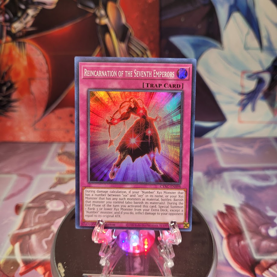 A Super Rare "Reincarnation of the Seventh Emperors" card from the Yugioh Set: Cyberstorm Access.