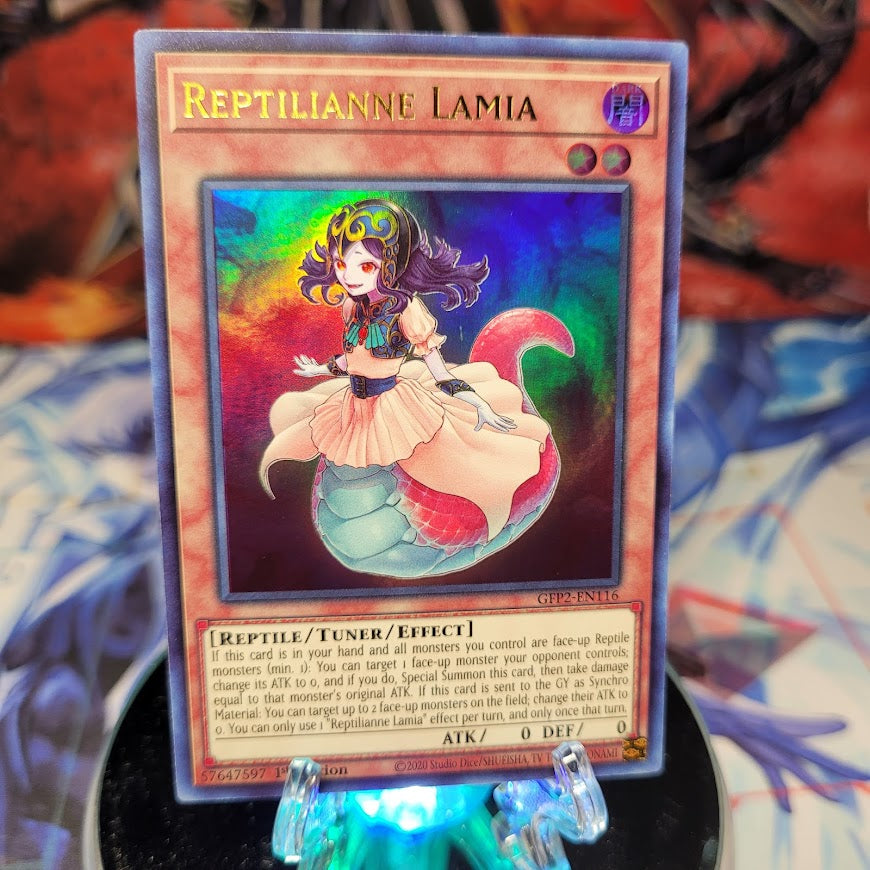 An Ultra Rare "Reptilianne Lamia" card from the Yugioh Set: Ghosts From the Past: The 2nd Haunting (GFP2).