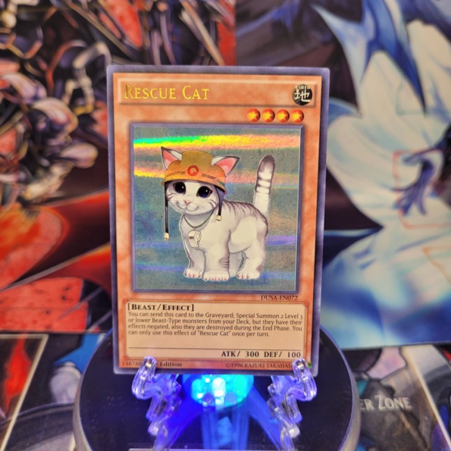 An Ultra Rare "Rescue Cat" card from the Yugioh Set: Duelist Saga (DUSA).