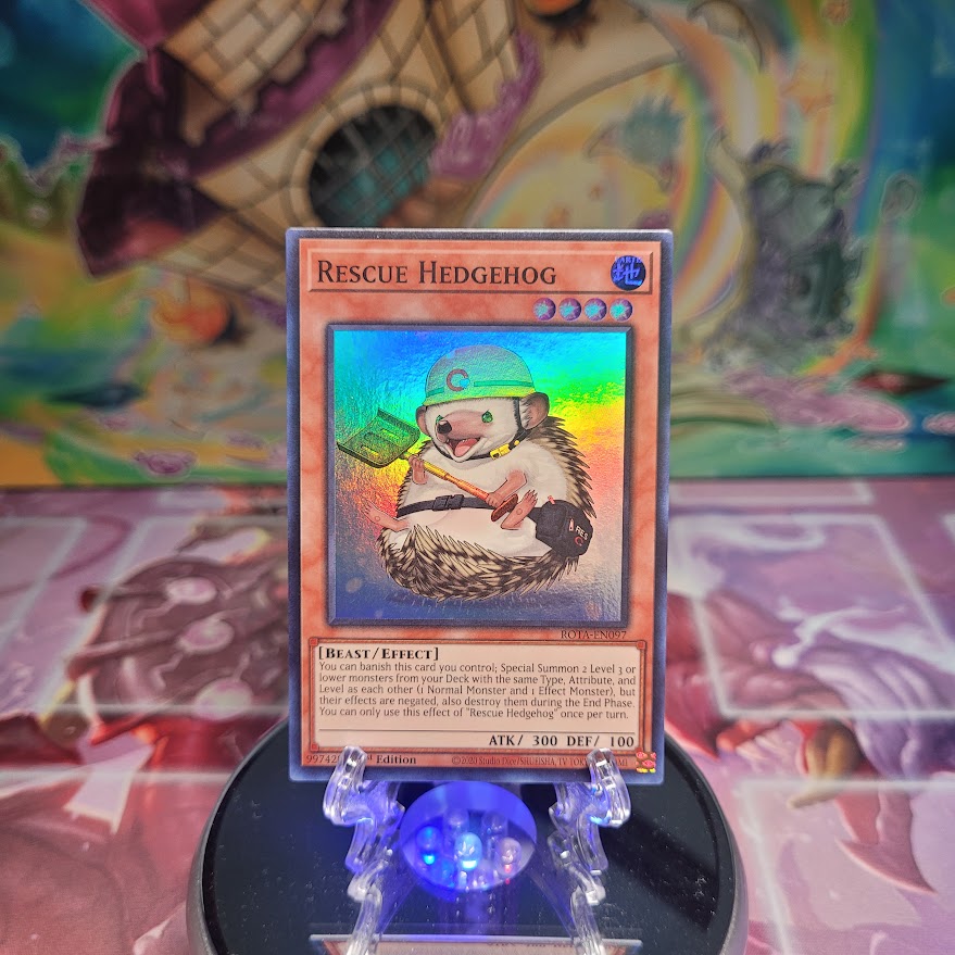 A Super Rare "Rescue Hedgehog" card from the Yugioh Set: Rage of the Abyss (ROTA).