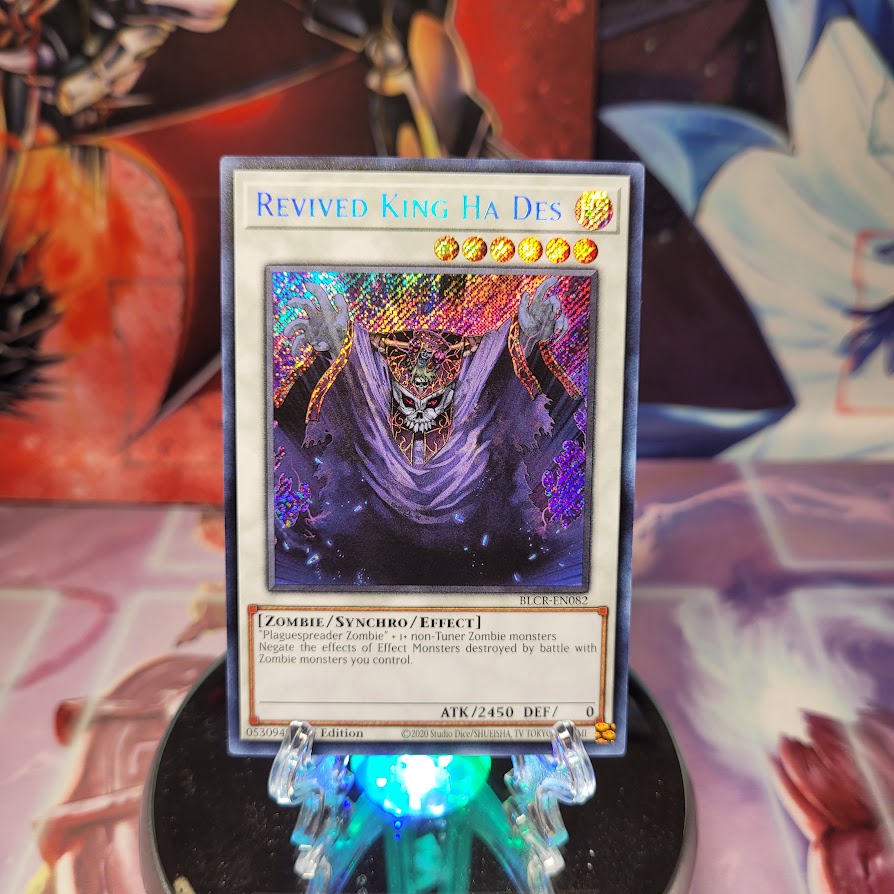 A Secret Rare "Revived King Ha Des" card from the Yugioh Set: Battles of Legend: Crystal Revenge.