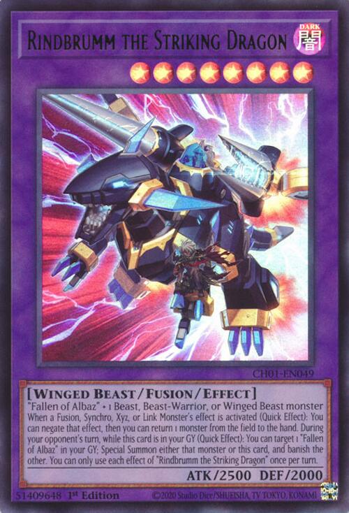 An Ultra Rare "Rindbrumm the Striking Dragon" card from the Yugioh Structure Deck: The Fallen & The Virtuous (CH01).