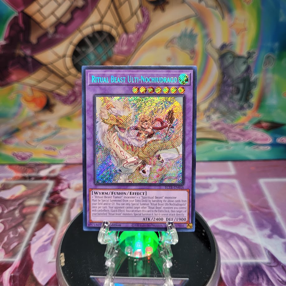 A Secret Rare "Ritual Beast Ulti-Nochiudrago" card from the Yugioh Set: Battles of Legend: Terminal Revenge.