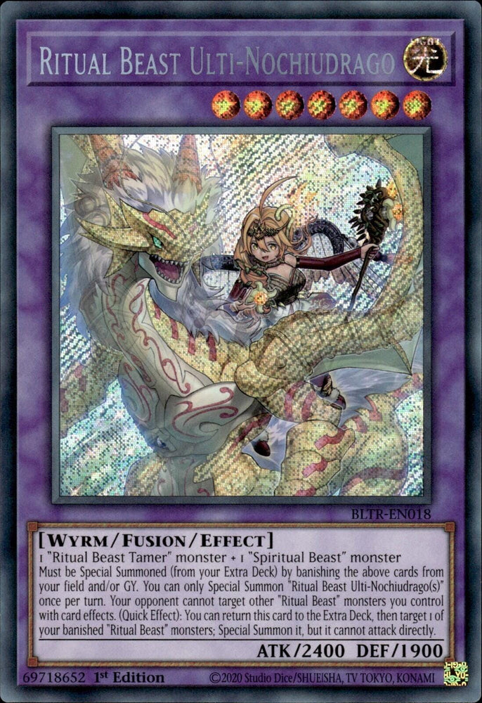 A Secret Rare "Ritual Beast Ulti-Nochiudrago" card from the Yugioh Set: Battles of Legend: Terminal Revenge (BLTR).