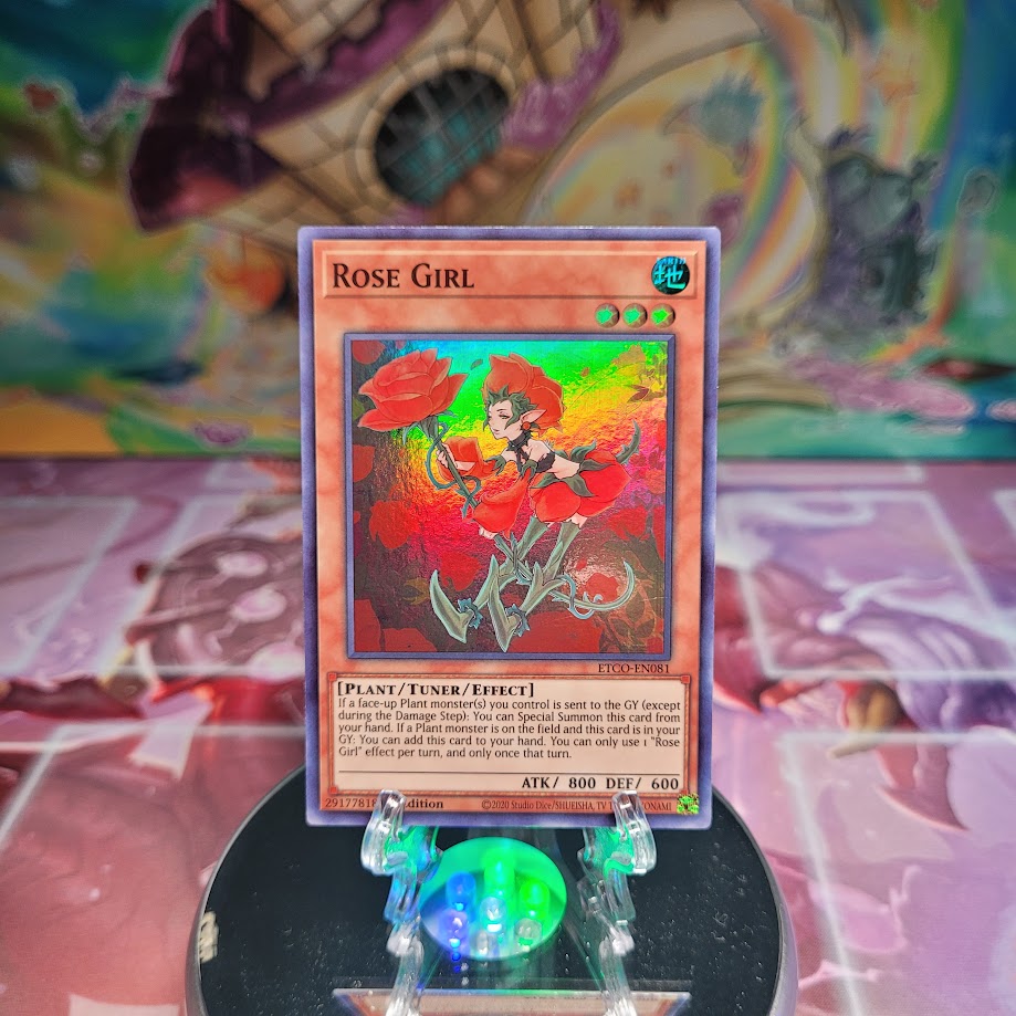 A Super Rare "Rose Girl" card from the Yugioh Set: Eternity Code.