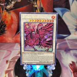 A Secret Rare "Ruddy Rose Dragon" card from the Yugioh Set: Lightning Overdrive.